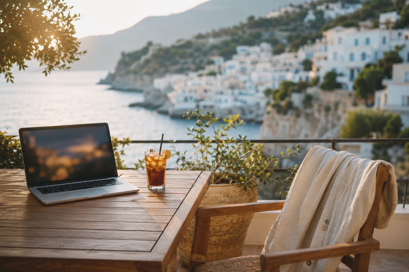 Laptop auf einer Terrasse mit Meerblick — Workation bei Online-Profession