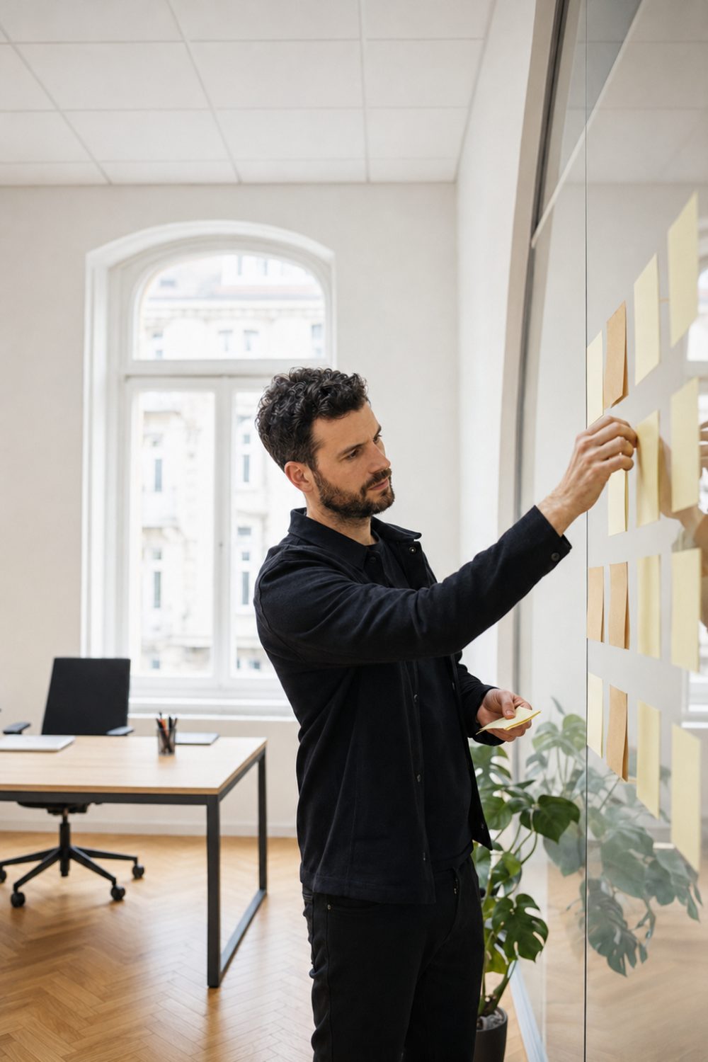 Strategiearbeit an der Glaswand mit Haftnotizen